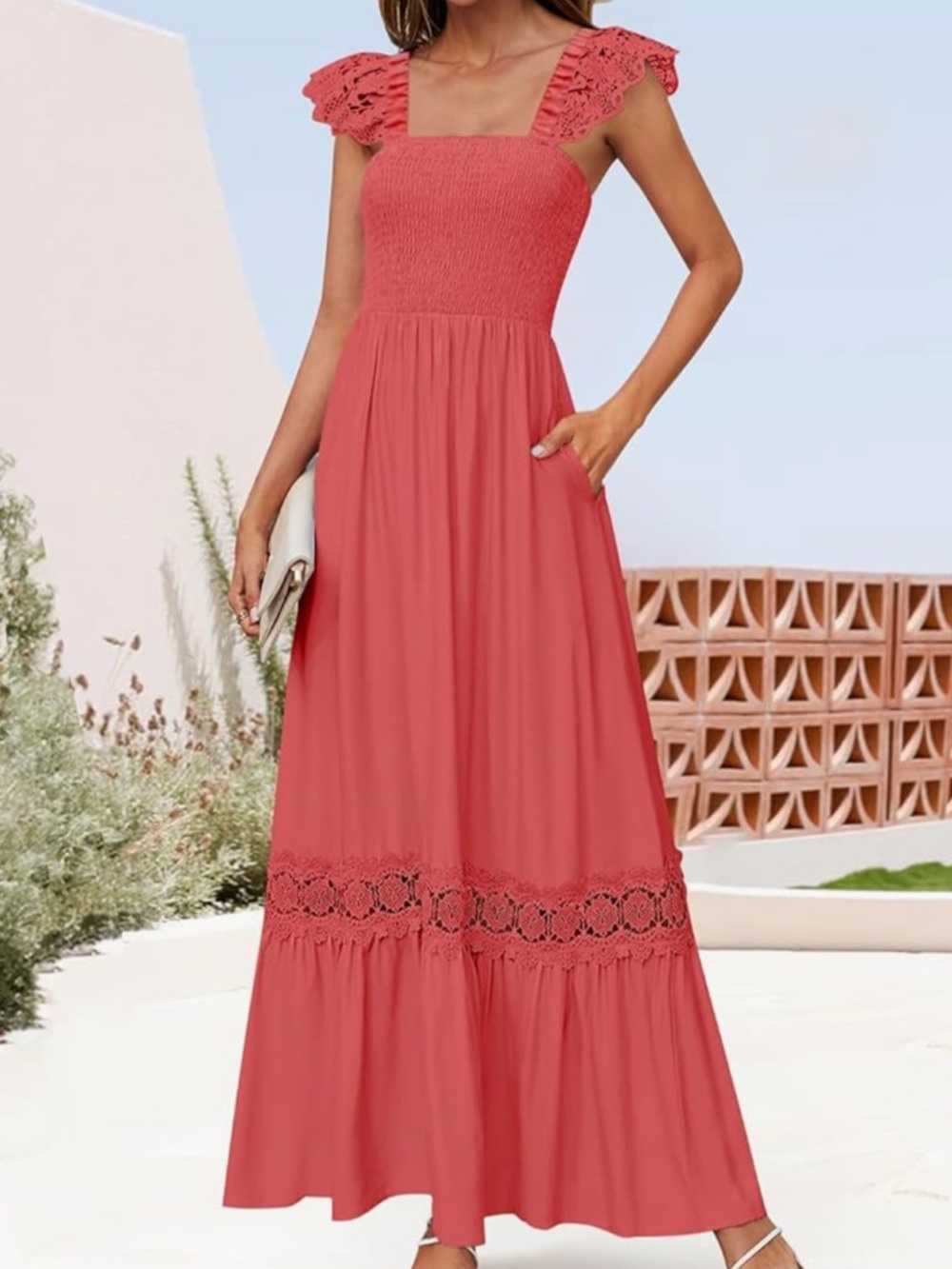 Zesica Smocked Lace-Trim Maxi Dress in Coral